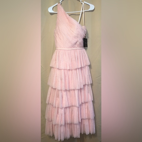 Mac Duggal Size 2 49672 NWT Pink Polka Dot One Shoulder Ruffle Midi Sample Dress - Picture 3 of 6